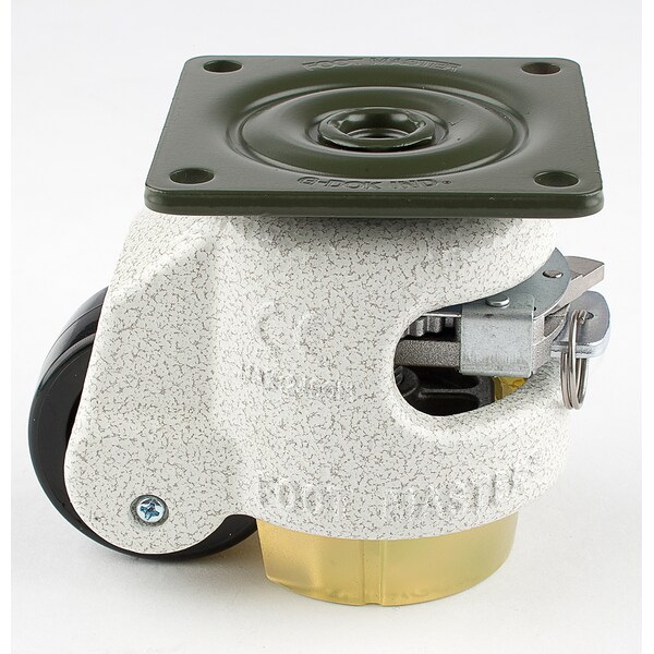 Leveling Caster, Ratchet, 50 mm Nylon Wheel, 73x73 mm Plate, Swivel, 250 kg Cap, PU Foot Pad, Ivory
